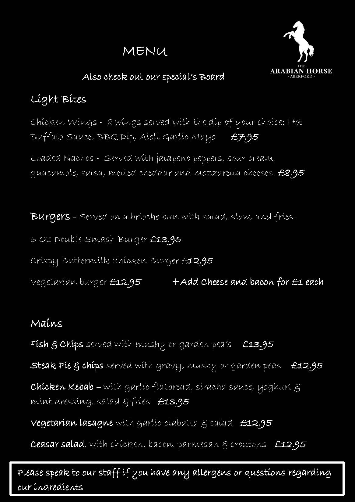 Arabian Horse Menu